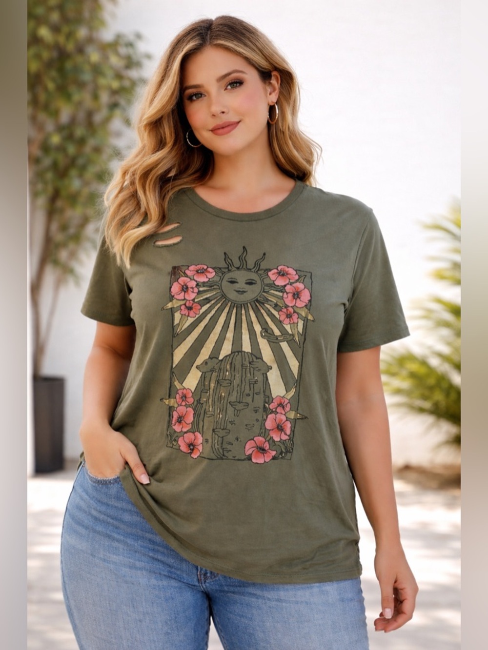Torrid Olive Graphic Tee 1X NWT Distressed Cutout Back Boho Desert Sun